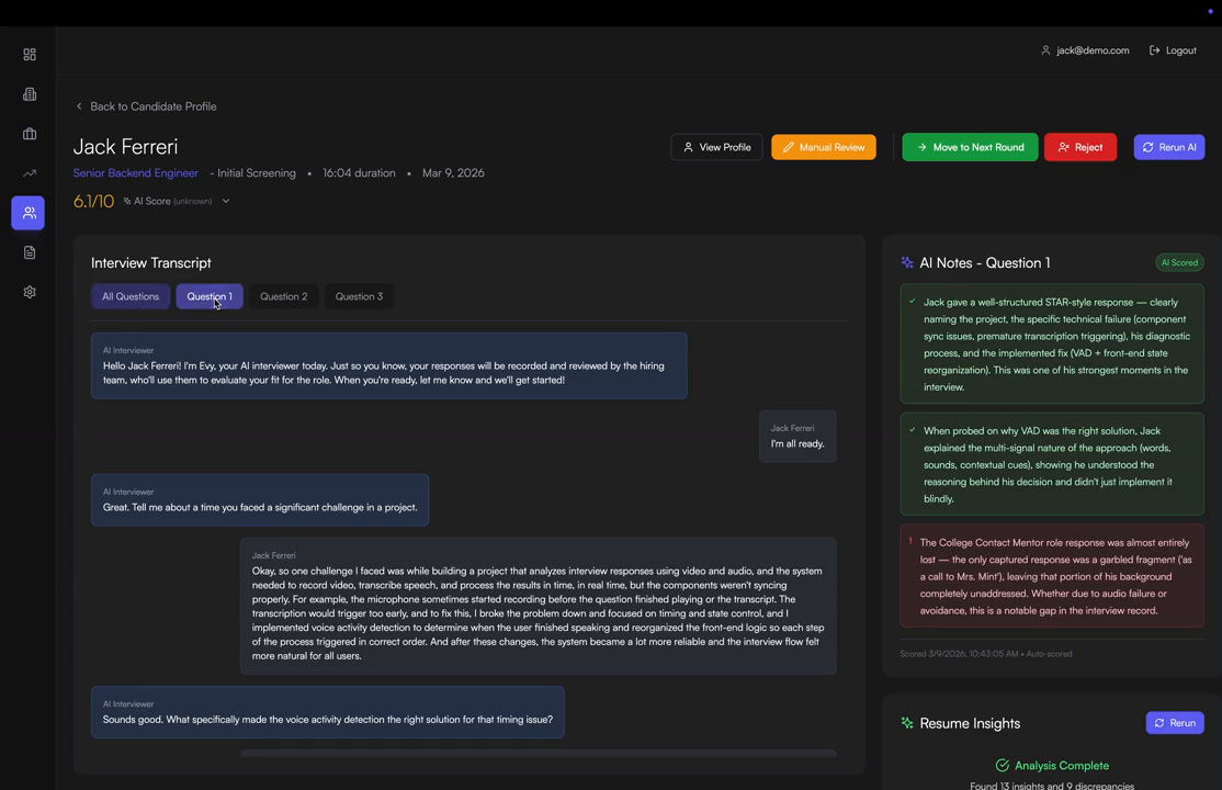 Evy candidate results page with AI score, interview transcript, and per-question AI notes