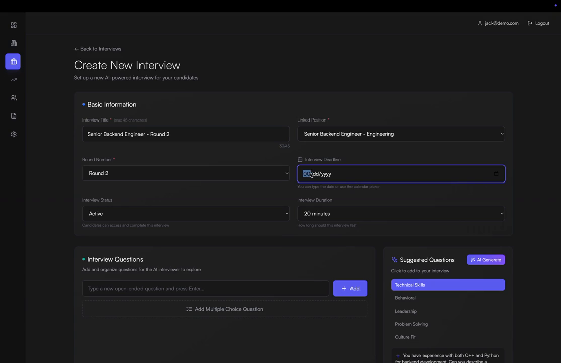 Evy Create New Interview screen with role, deadline, duration, and AI-suggested questions