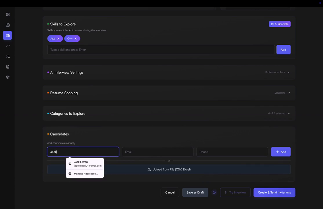 Evy candidates form with manual add, CSV upload, and Create & Send Invitations